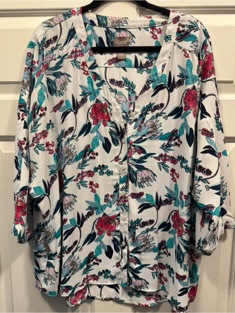 Chico’s 4 ▪️Women’s White Floral Button-Front Blouse - Teal & Pink